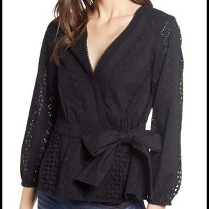 J. Crew | Black Eyelet Wrap Top | Size 8 | Long sleeves